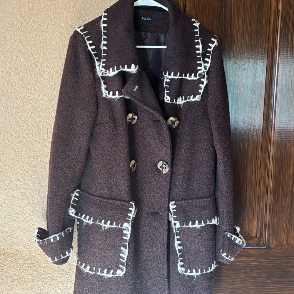 Chic Brown Pea Coat with White Accents
